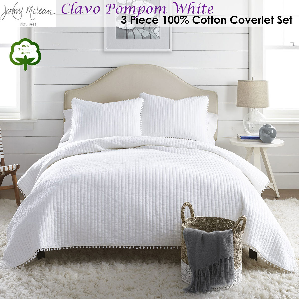 Jenny Mclean Clavo Pompom White 3-Piece King Cotton Coverlet Set with Joyful Pom Poms