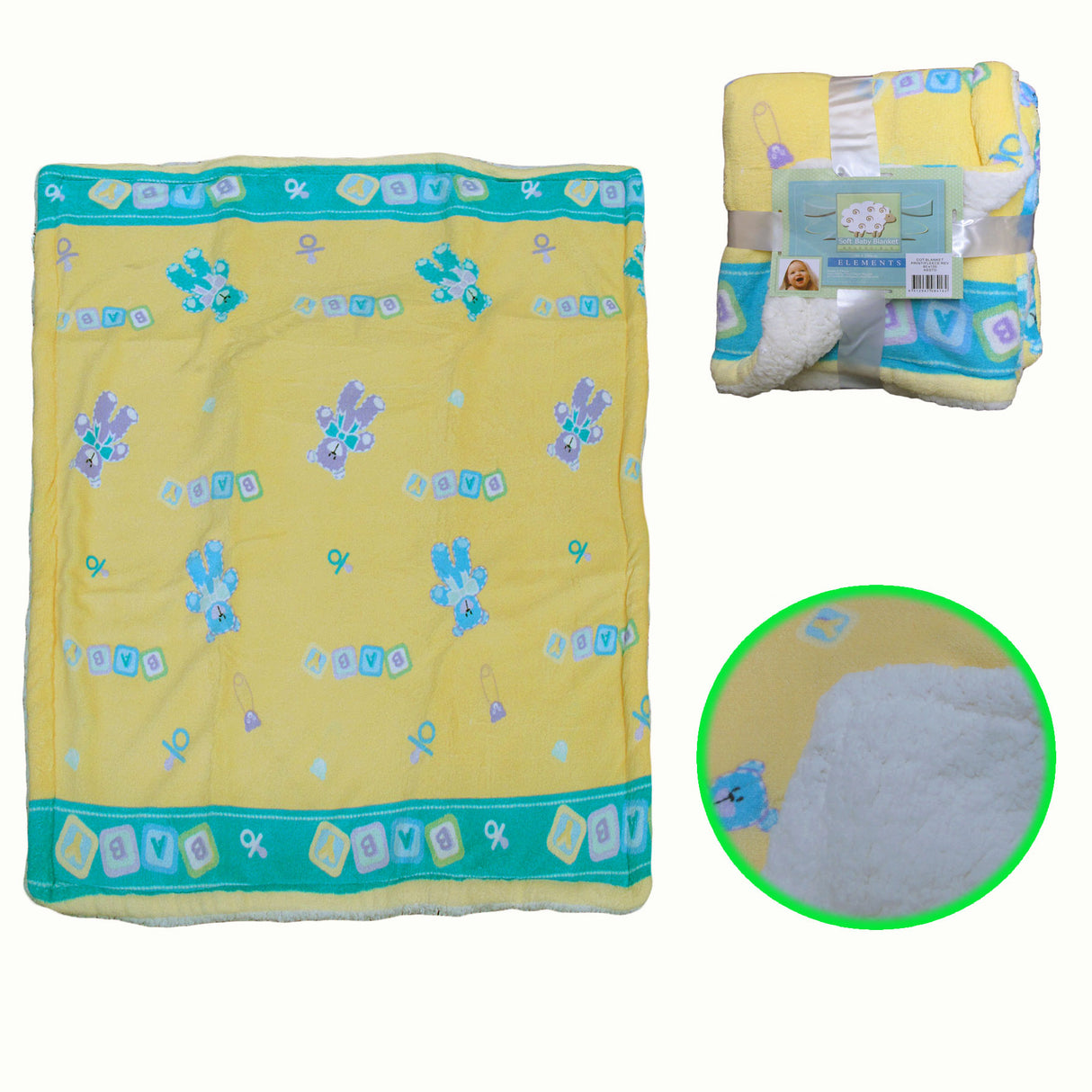 Cozy Bear Design Coral Fleece Baby Blanket - Soft Yellow 80 x 100 cm