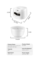 Kylin Electric Multi-Function 4 Cups Ceramic Pot Rice Cooker 2L White AU-K1020