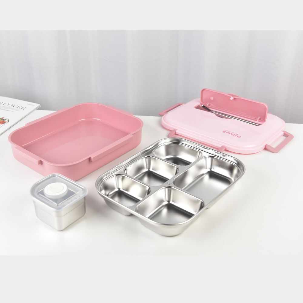 Kylin 304 Stainless Steel 5 Divided Smile Large Lunch Box With Soup Pot - Pink