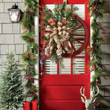 Christmas Red Wooden Wheel Wreath Front Door Hanging Garland Wall Decor(30*30cm)