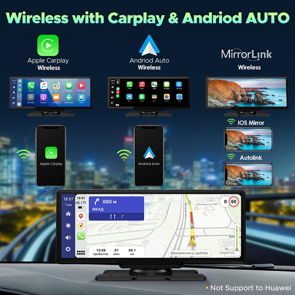 10.26" Wireless Apple Android Carplay Dual Dash Cam Front Rear Camera with 64G Card