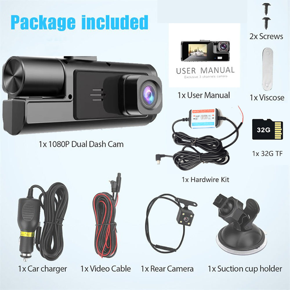 WIFI 3 Channels Dash Cam 1080P Full HD Car Dashcam with Hardwire Kit and 32GB Card