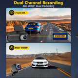 4K Front and Rear Dual Dash Cam WiFi GPS Car Camera with 64GB SD Card