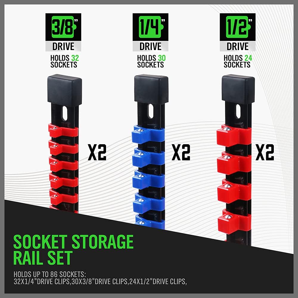 SWANLAKE 6-Piece Socket Organizer Set, Sockets Holder Rack Rail Mountable 86 Sliding Clips, Premium Quality Socket Holders Workshop Organiser