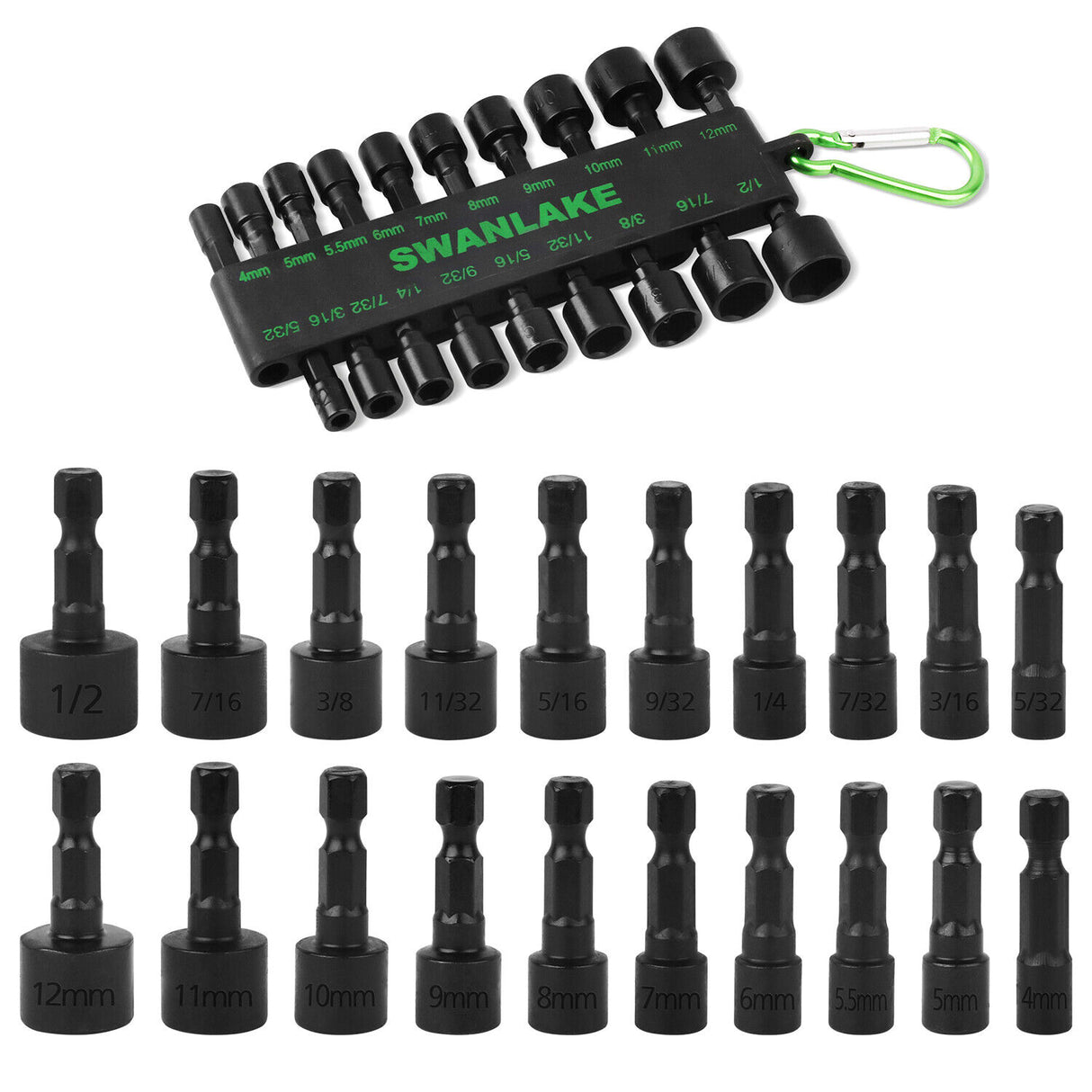 20-Piece Swanlake Impact Drill Nut Driver Set - SAE & Metric Chrome Vanadium Steel Tools