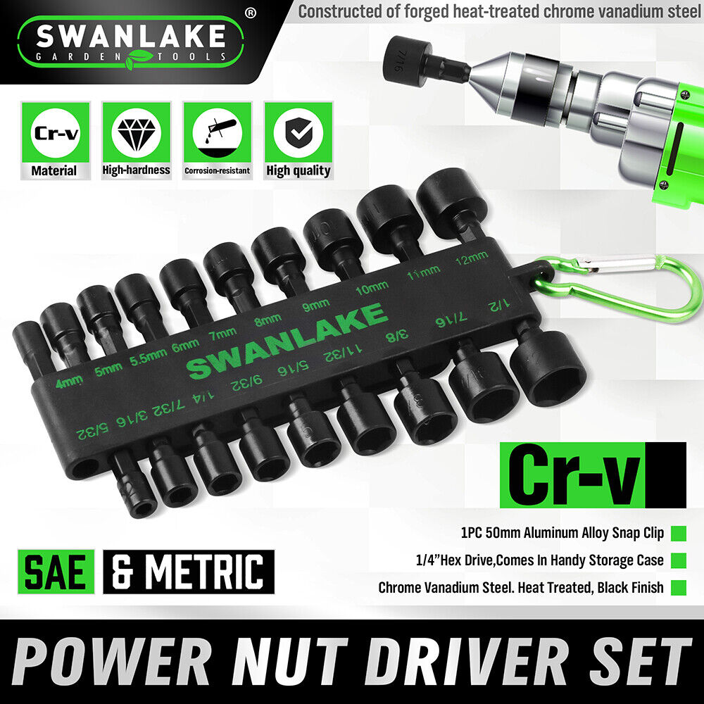 20-Piece Swanlake Impact Drill Nut Driver Set - SAE & Metric Chrome Vanadium Steel Tools