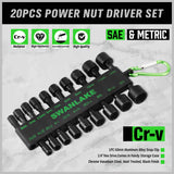 20-Piece Swanlake Impact Drill Nut Driver Set - SAE & Metric Chrome Vanadium Steel Tools