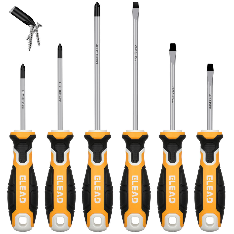 6-Piece Magnetic Screwdriver Set with Non-Slip Handles - Phillips & Slotted, Chromium Molybdenum Steel