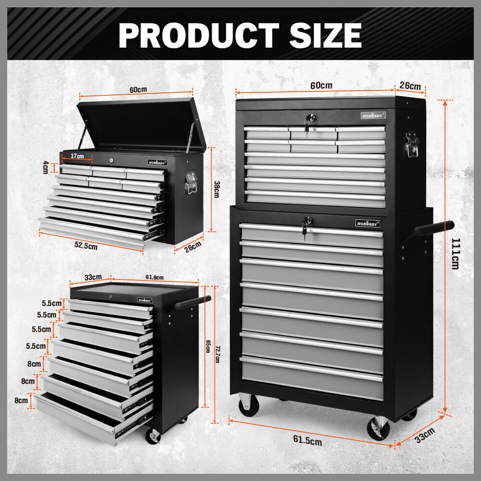 Grey 17 Drawer Tool Box Trolley Cabinet Storage Cart Garage Toolbox Organiser