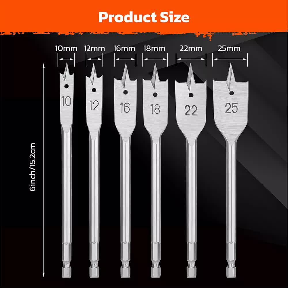 6-Pieces Flat Wood Boring Spade Drill Bit Set Drillbits 10-25mm Bits 1/4" Shank