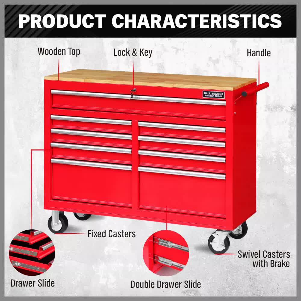 9 Drawers Tool Box Chest Cabinet Trolley Box Garage Storage Toolbox Red 1000lbs