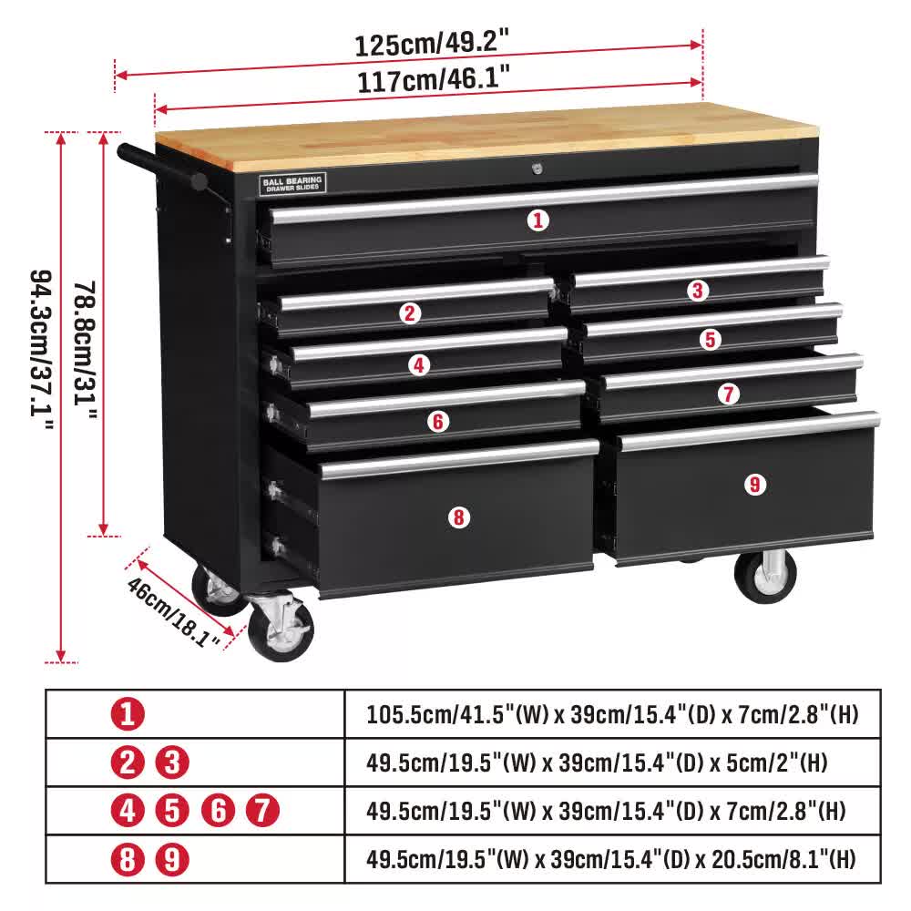 HORUSDY 9 Drawer Tool Box Chest Cabinet Trolley Box Garage Storage Toolbox Black