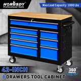 HORUSDY 42 inch 8 Drawer Tool Cabinet 1000 lbs Wood Top Power Strip Casters Blue