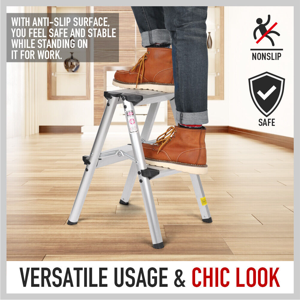 2-Step Portable Folding Ladder, Aluminum Frame Lightweight Home Ladder with Anti Slip Design, 150KG Capacity