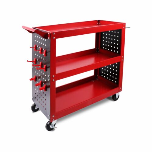 3-Tier Heavy Duty Steel Tool Trolley - Workshop Cart with Pegboard, Hooks and Locking Swivel Casters