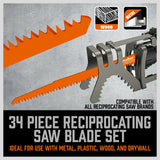 34-Piece Reciprocating Saw Blade Set Wood and Metal Cutting Blades with Storage Pouch