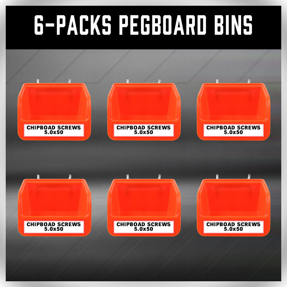 6-Pack Durable Pegboard Storage Bins with Steel Hooks for Tools and Hardware Organization