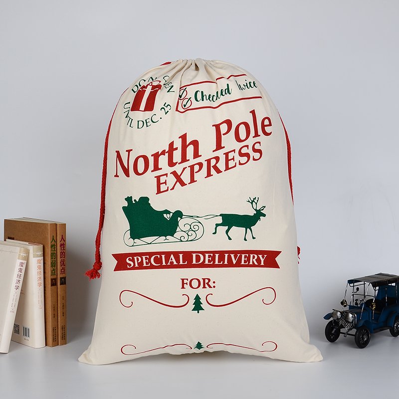 Large Christmas XMAS Hessian Santa Sack Stocking Bag Reindeer Children Gifts Bag, Cream - North Pole Express