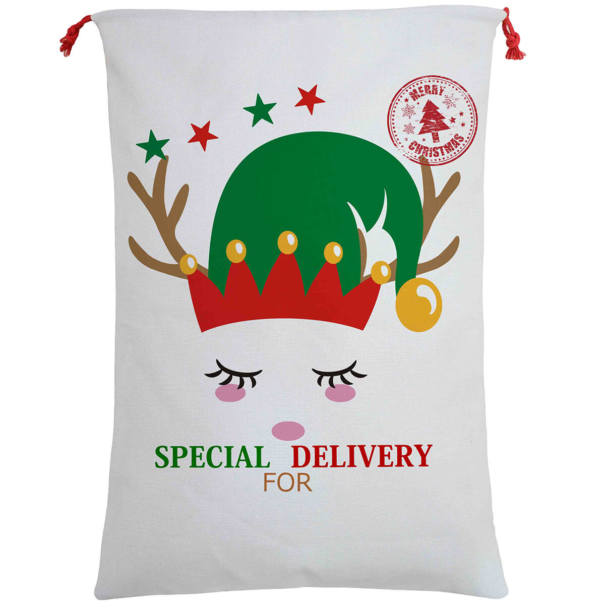 50x70cm Canvas Hessian Christmas Santa Sack Xmas Stocking Reindeer Kids Gift Bag, Cream - Cute Reindeer Delivery