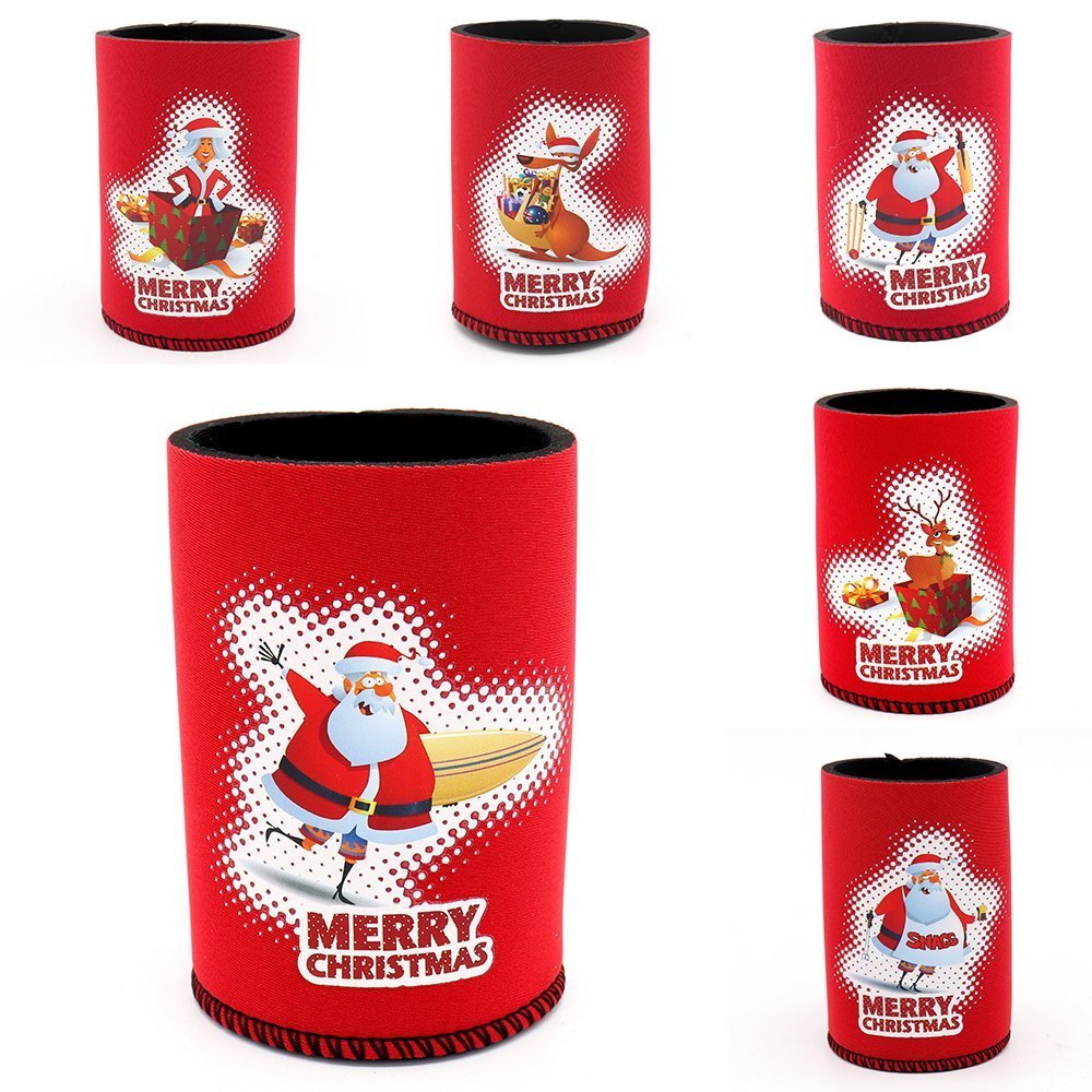 6x Christmas Stubby Stubbie Holders Beer Bottle Drink Can Cooler Santa Reindeer, A