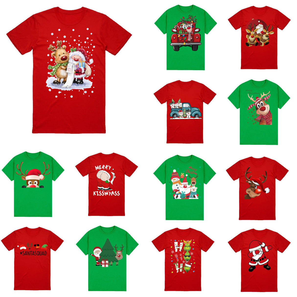 100% Cotton Christmas T-shirt Adult Unisex Tee Tops Funny Santa Party Custume, Car with Reindeer (Green), 3XL