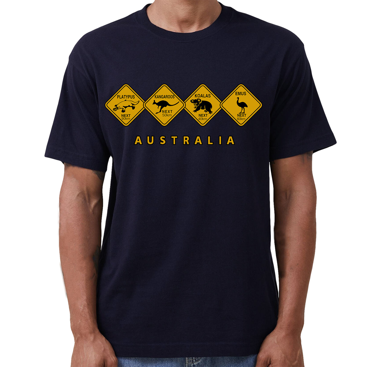 Adult Unisex 100% Cotton T Shirt Australia Wildlife Road Sign Souvenir Tee Tops, Navy, XL