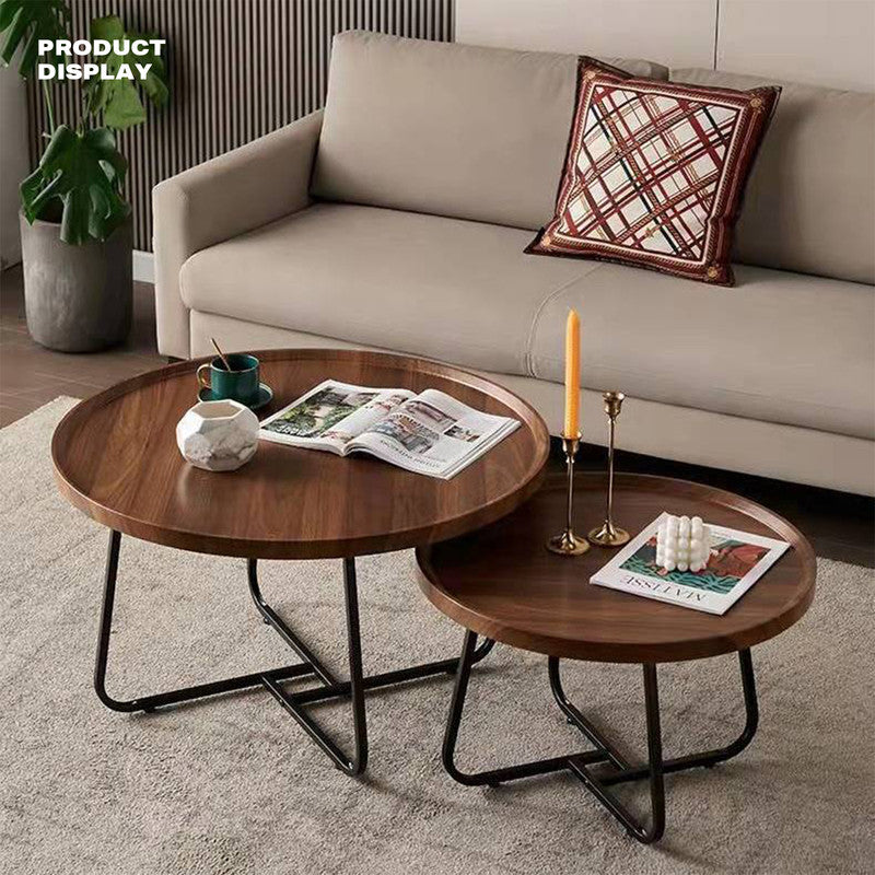 Removable Set of 2 Round Coffee Table  Walnut Nesting Side End Table Furniture