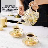 Ears of wheat European afternoon tea coffee cups saucers and teapot - 45-Degree Angle