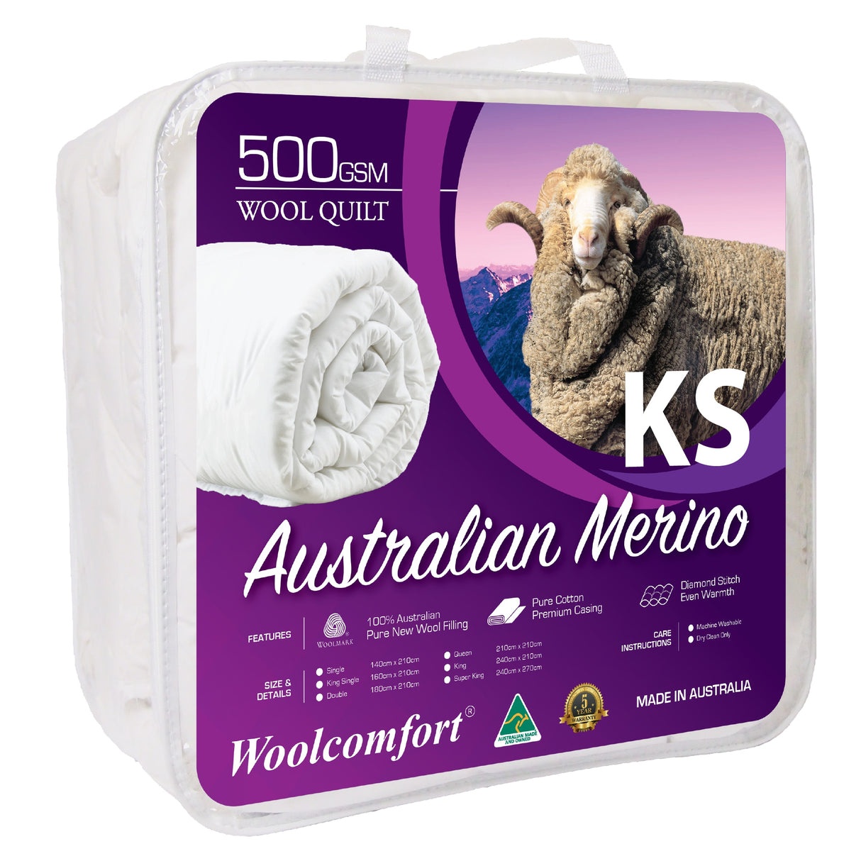 Australian Made 500GSM Merino Wool King Single Quilt - Superior Comfort and Warmth