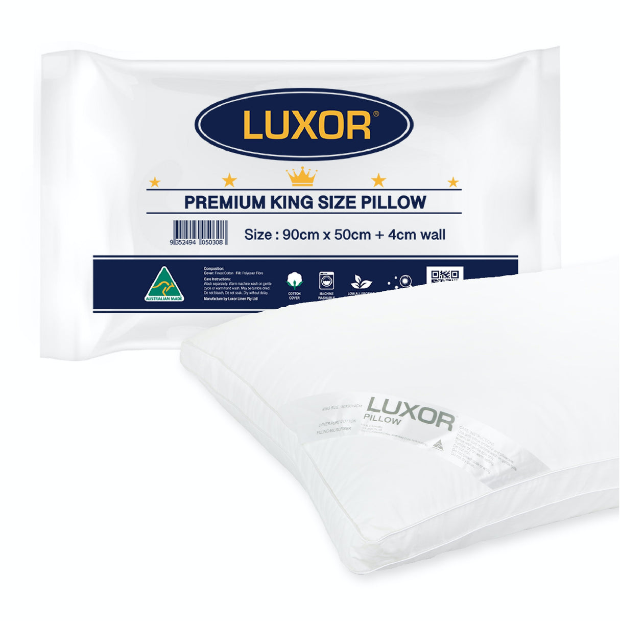 Australian-Made Luxor Hotel King Size Pillow with 4cm Support Wall - Single Pack