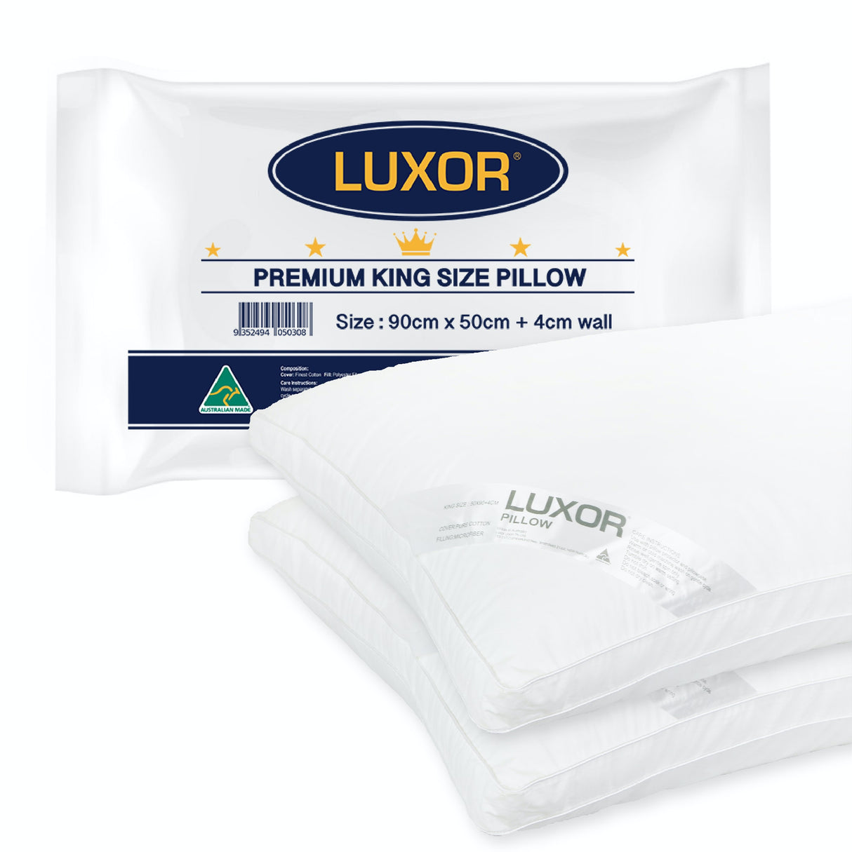 Australian Crafted Luxor King Size Hotel Pillows with 4cm Wall - Twin Set