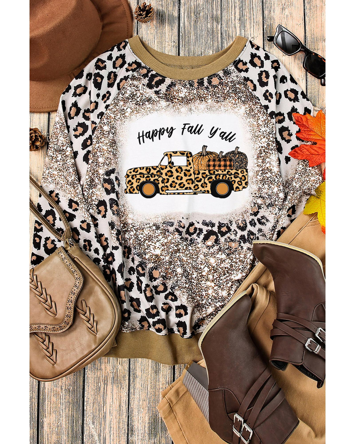 Leopard Print Tie-Dye Pumpkin Truck Long Sleeve Top - L