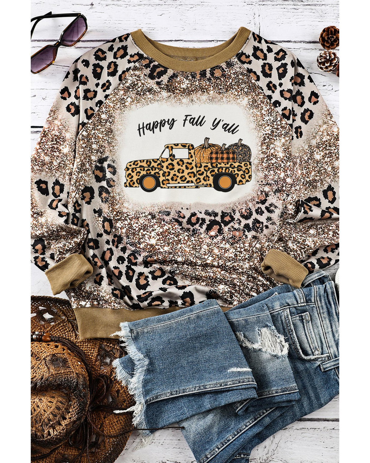 Leopard Print Tie-Dye Pumpkin Truck Long Sleeve Top - L