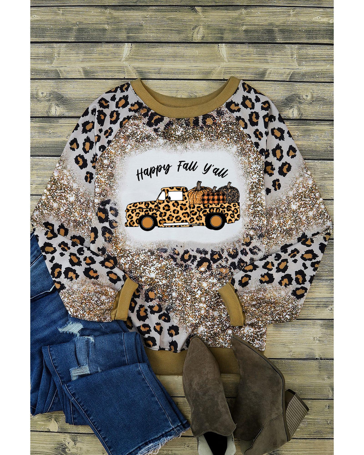 Leopard Print Tie-Dye Pumpkin Truck Long Sleeve Top - L