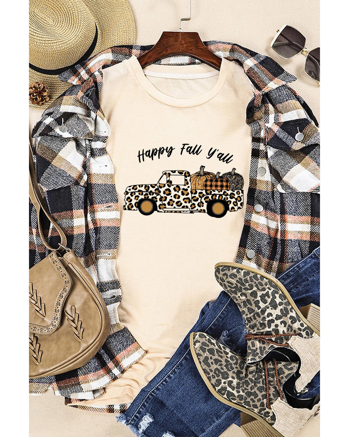 Leopard Print Pumpkin Graphic Tee - Khaki - M