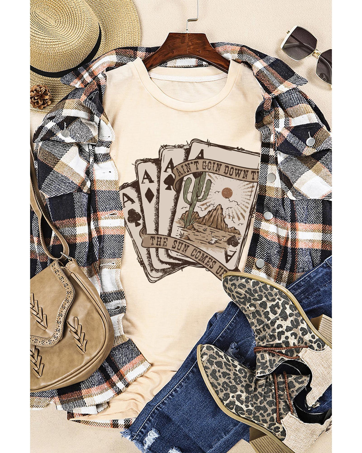 Khaki Western Poker Cards Graphic Tee - 2XL