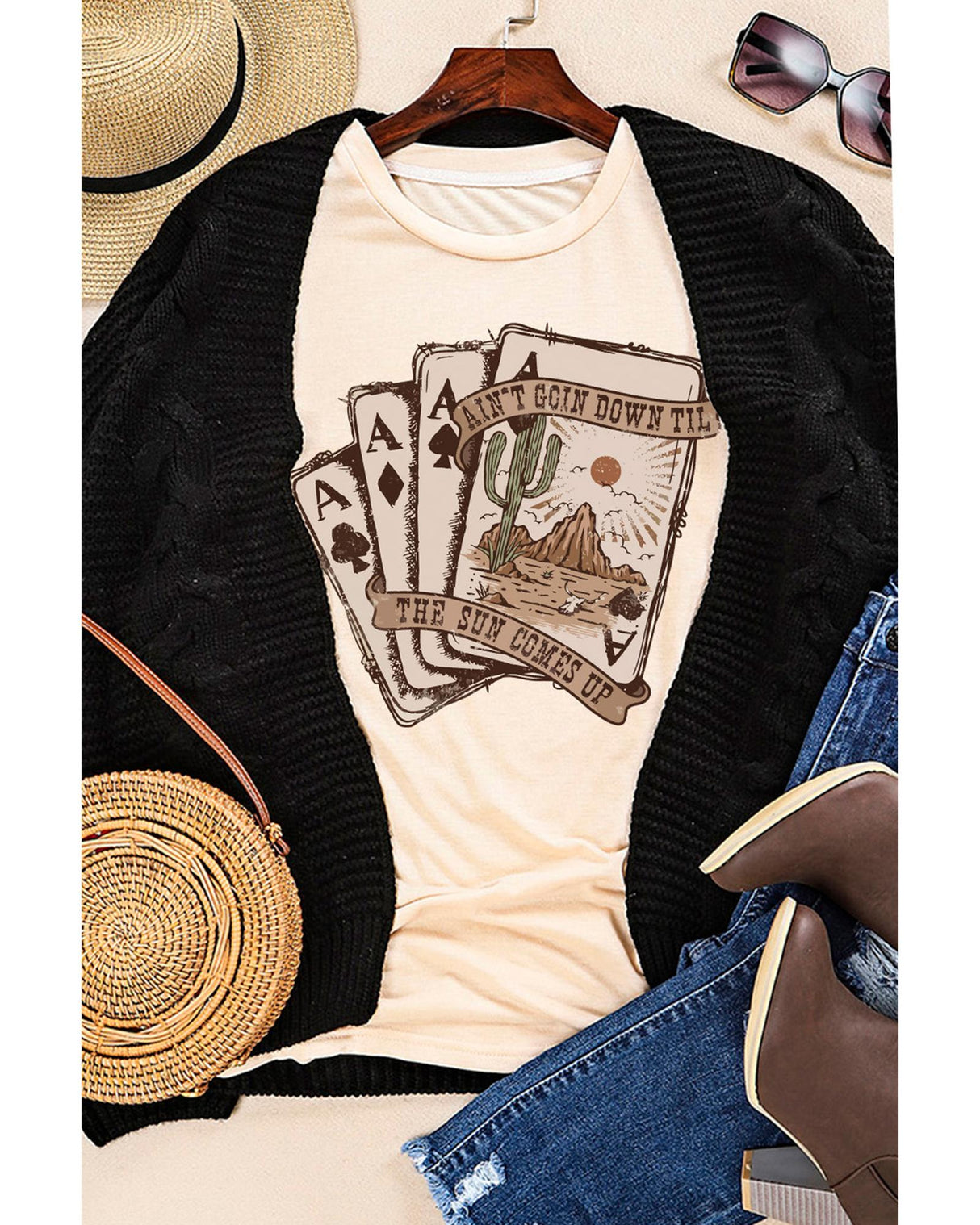 Khaki Western Poker Cards Graphic Tee - 2XL