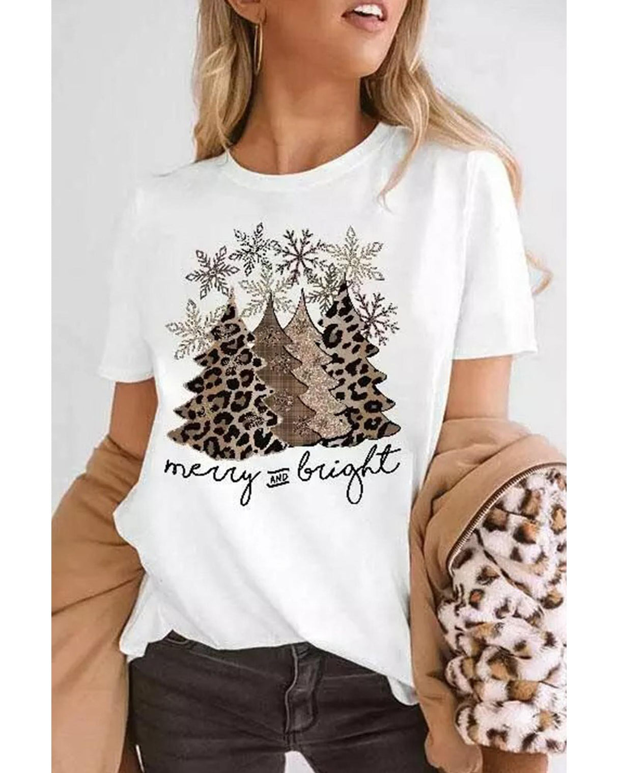 Leopard Print Christmas Tree Graphic Tee for Women - 2XL