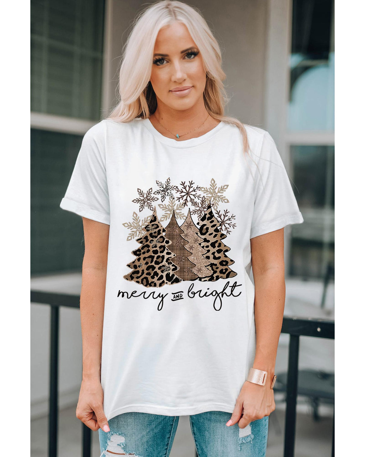 Leopard Print Christmas Tree Graphic Tee for Women - 2XL