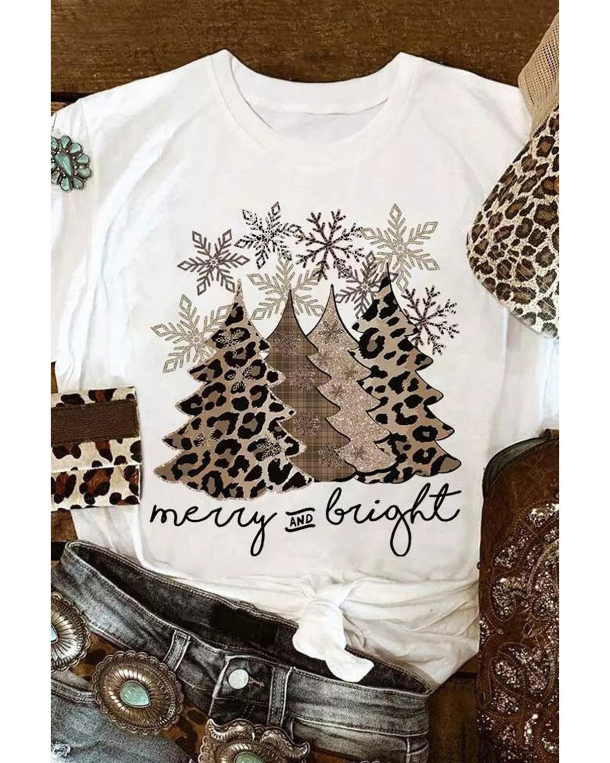 Leopard Print Christmas Tree Graphic Tee for Women - 2XL