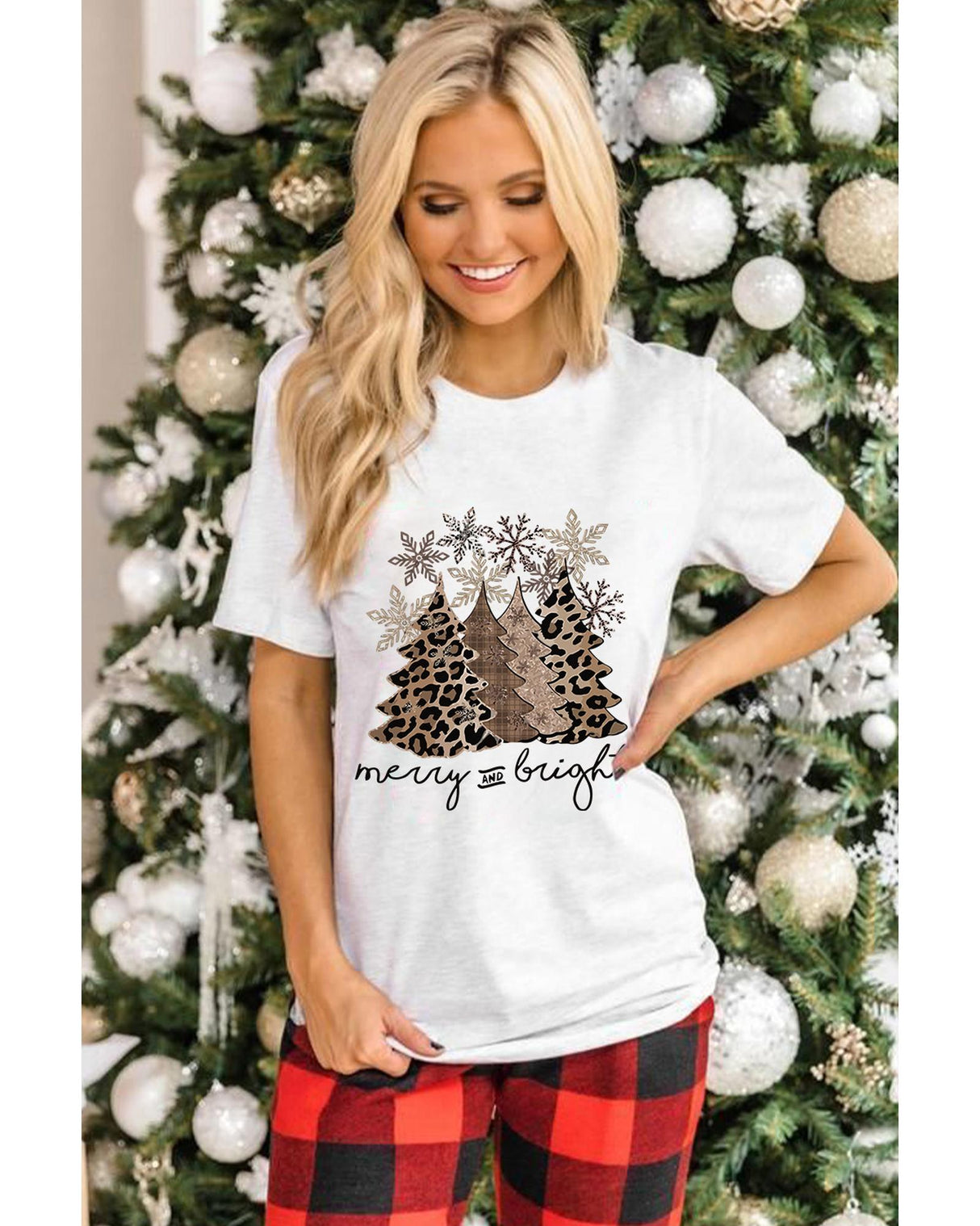 Leopard Print Christmas Tree Graphic Tee - Women's S