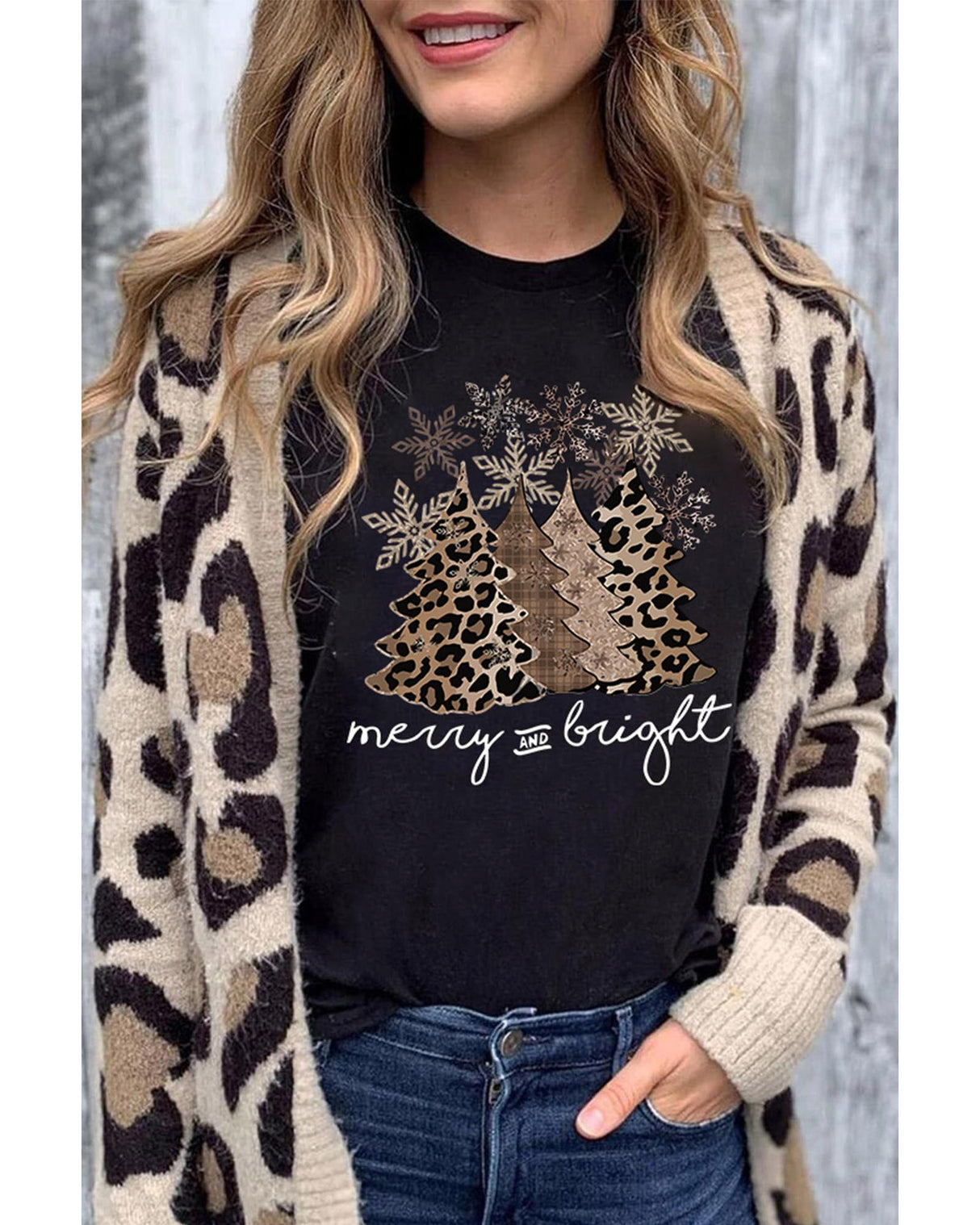 Leopard Print Christmas Tree Graphic Tee - Size L