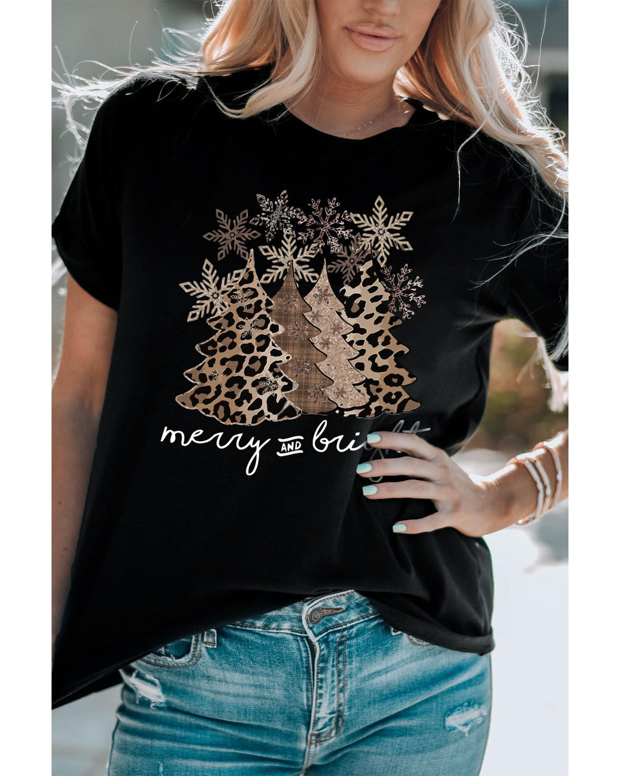 Leopard Print Christmas Tree Graphic Tee - Size L