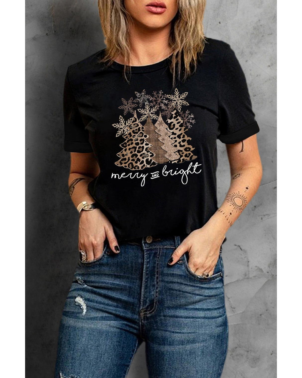 Leopard Print Christmas Tree Graphic Tee - Size L