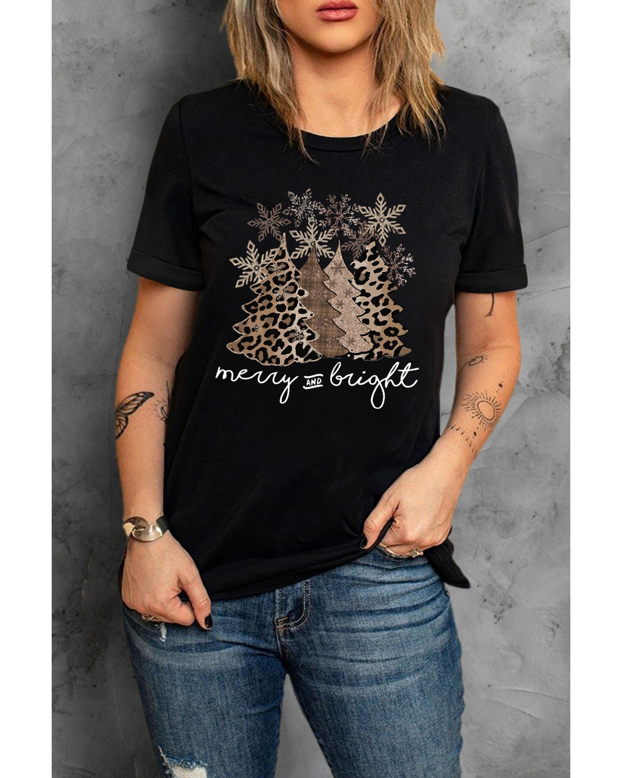 Leopard Print Christmas Tree Graphic Tee - Size L