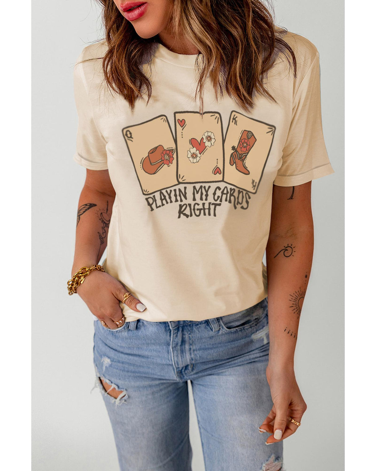 Khaki Poker Cards Graphic Print Crew Neck T-Shirt - 2XL