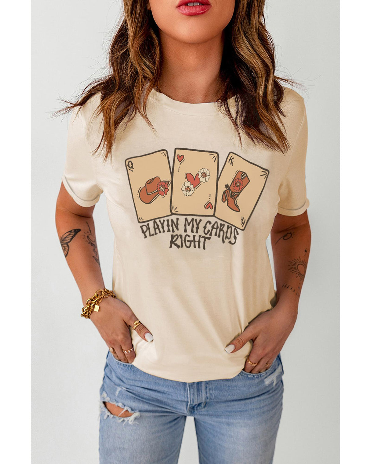 Khaki Poker Cards Graphic Print Crew Neck T-Shirt - Size S