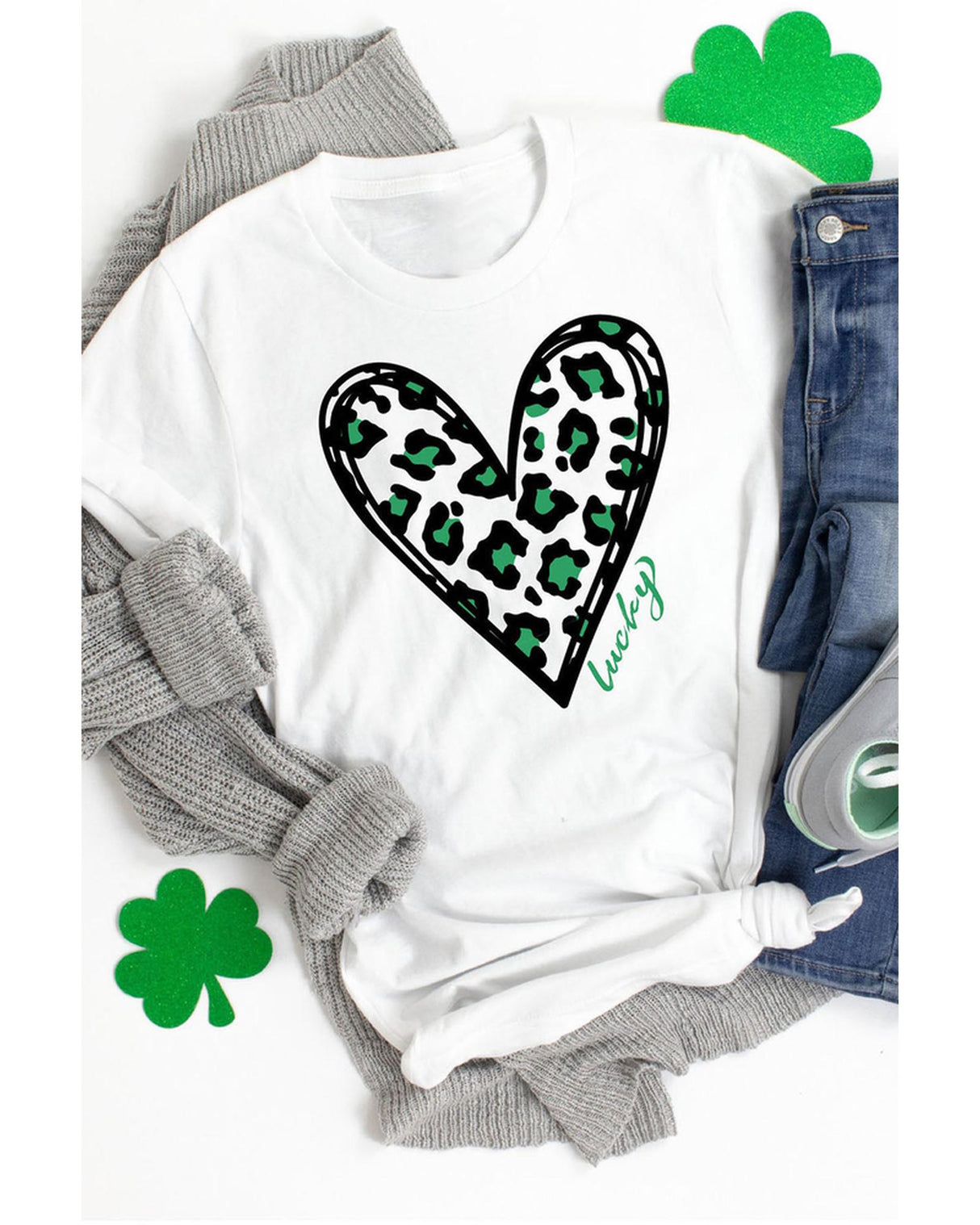 Lucky Leopard Heart Print St. Patrick's Day T-Shirt - 2XL