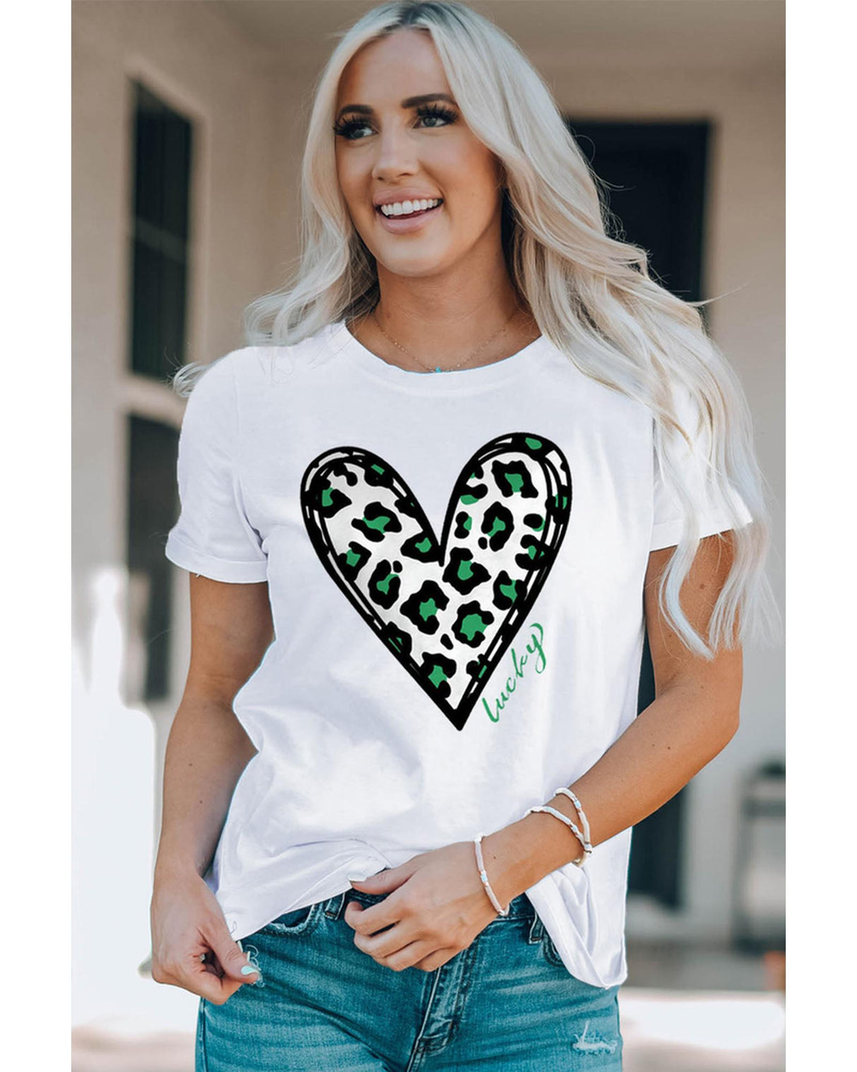 Lucky Leopard Heart Print St. Patrick's Day T-Shirt - 2XL